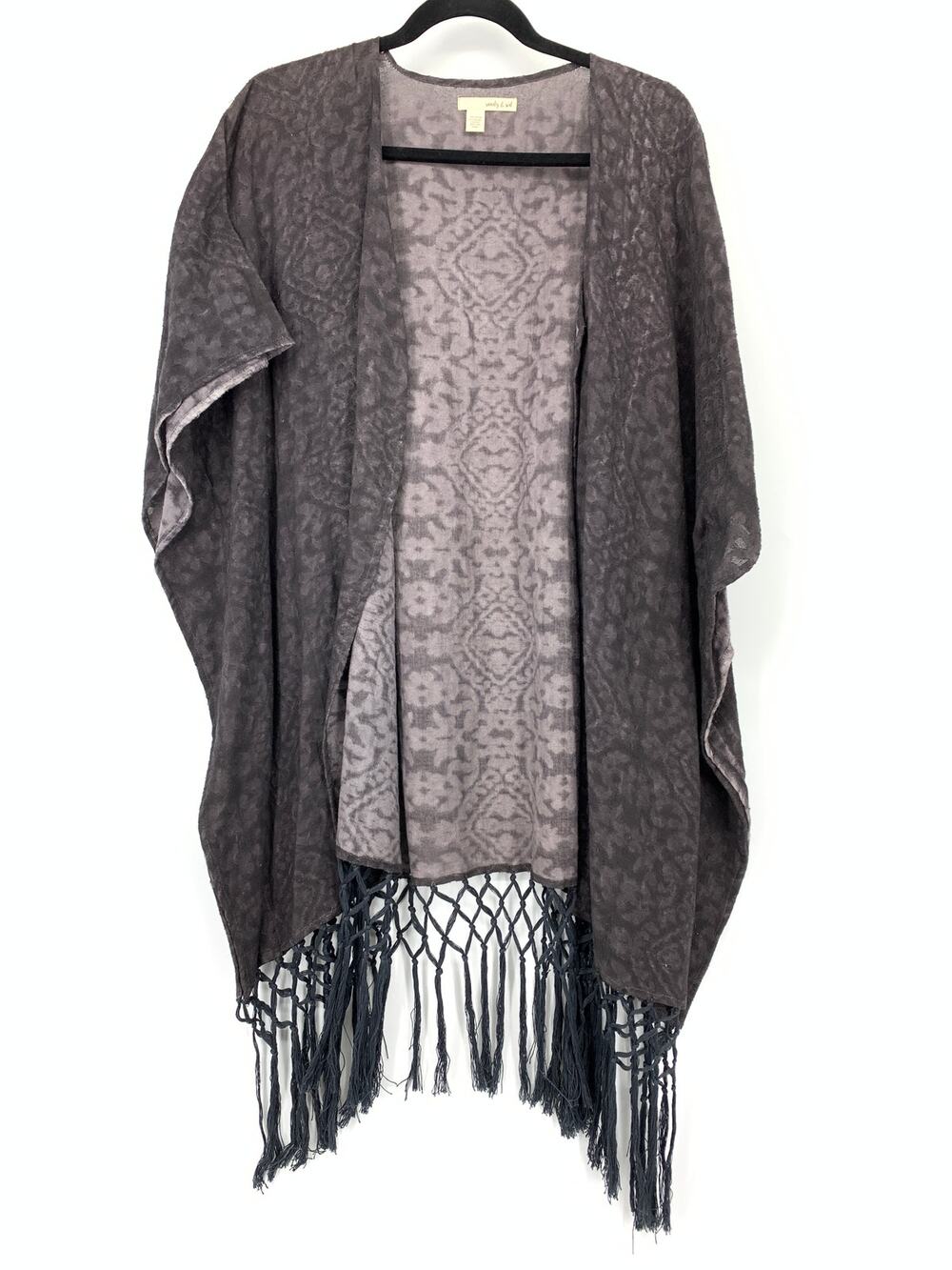 Sandy & Sid Open Front Kimono Top Womens One Size Dark Gray Taupe Fringe Trim